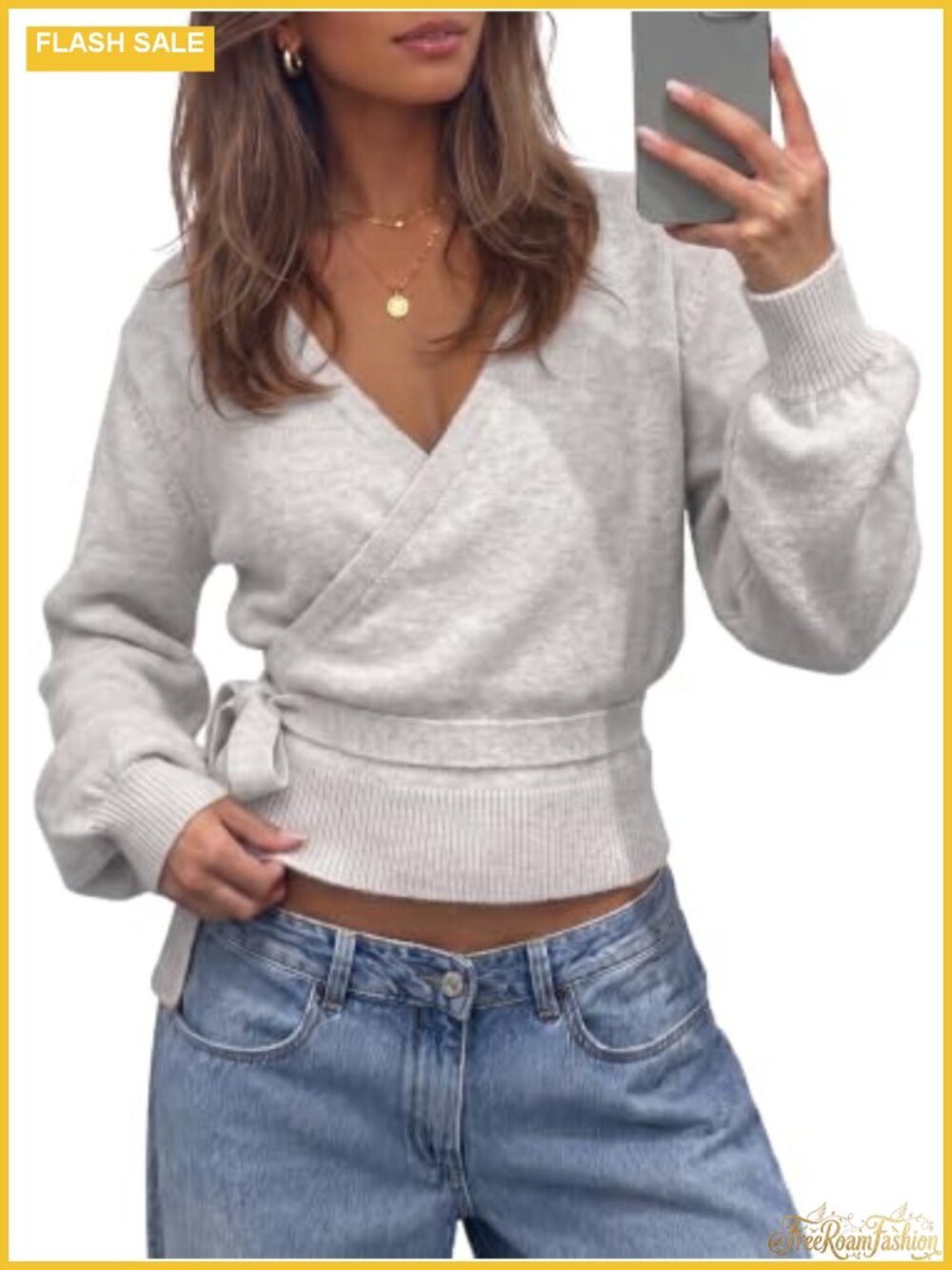 Womens V Neck Wrap Cardigan Tie Belted Long Lantern Sleeve Slim Fit Knit Crop